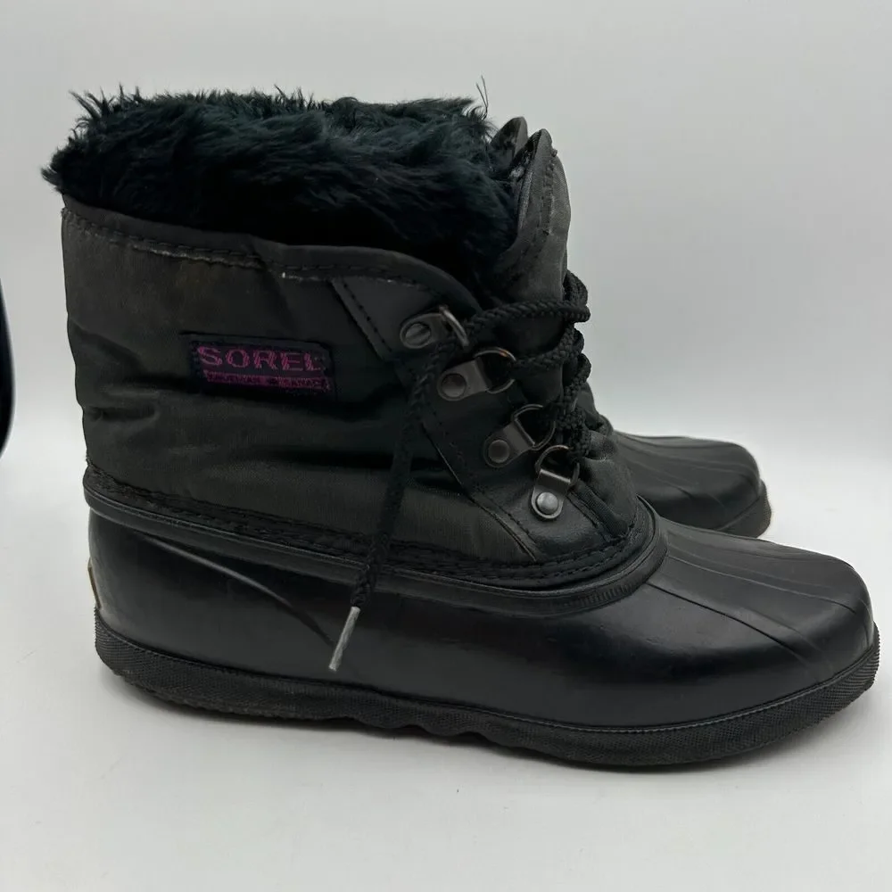Sorel Kaufman Ankle Snow Boots Womens 7 Black‎ Fur Trim Lace Up Winter